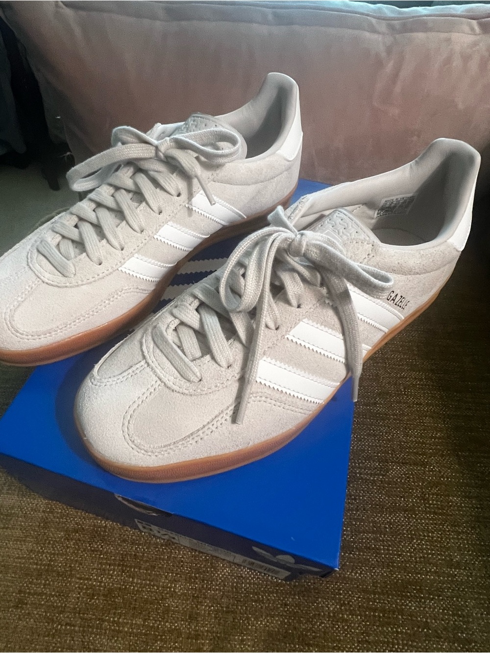 adidas Gray Suede Sneakers with White Stripes and Gum Sole
